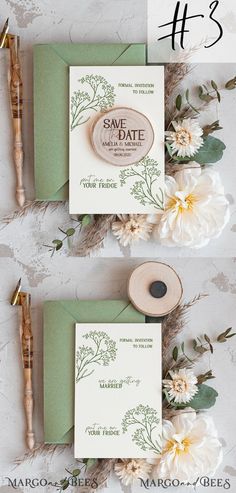 wedding stationery and save the date cards on top of each other with white flowers