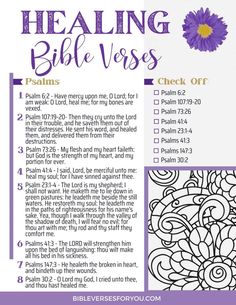 the bible verse is shown in purple and white with an image of a flower on it