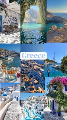 a collage of photos with the words greece written in different languages and pictures of greek towns