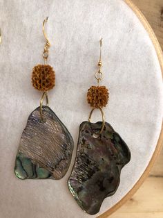 Handmade abalone earrings Bohemian Shell-shaped Earrings For Gift, Bohemian Shell Earrings For Gift, Bohemian Mother Of Pearl Drop Earrings, Unique Shell-shaped Earrings For Gift, Unique Handmade Shell Earrings, Unique Nickel-free Shell-shaped Earrings, Handmade Iridescent Drop Earrings, Handmade Gold Jewelry With Abalone Shell, Unique Gold Shell Earrings