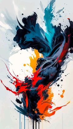 an abstract painting with black, orange and blue colors