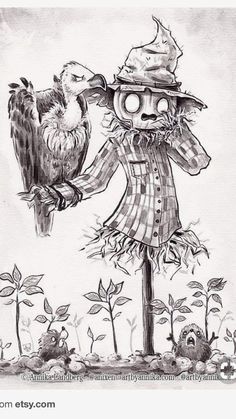 a drawing of a scarecrow holding a bird