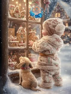 a little boy standing next to a window with a dog looking at him in the snow