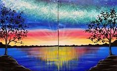 two paintings of trees on the water with an aurora bore in the sky above them