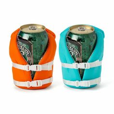 two soda cans wrapped in orange and blue material, one has a can holder attached to it