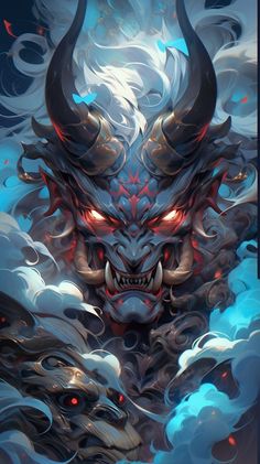 an artistic painting of a demon with red eyes and horns on it's face