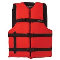 a life jacket with two straps on the front and one attached to the back, in red