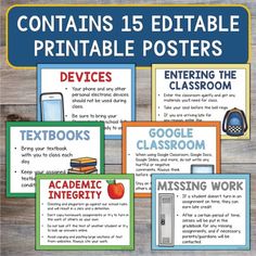 four posters with text and pictures on them that include different types of texts, including an apple