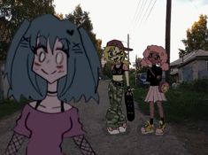 three cartoon characters are standing in the street together, one is holding a skateboard