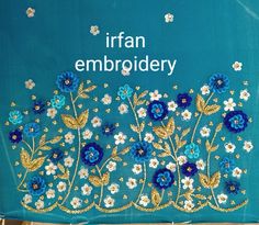 an embroidered sign with blue flowers and white daisies on it that says urban embroideryry