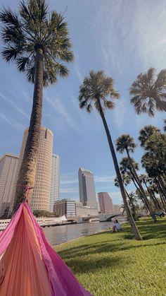 a pink and orange tent sitting on top of a lush green field next to palm trees