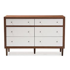 a white and brown dresser with six drawers