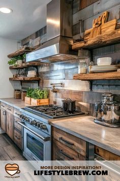 a kitchen with open shelving and wooden shelves on the wall, along with stainless steel appliances