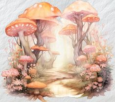 an artistic painting of mushrooms in the woods