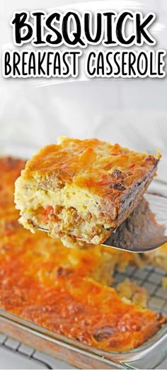 a piece of breakfast casserole is being lifted from the pan with a spatula