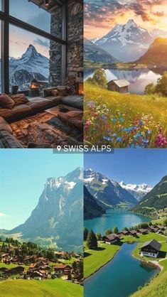 four different views of the mountains and lakes in germany, italy, switzerland, and france