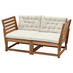 a wooden couch with white cushions on it's back and side ends, against a white background