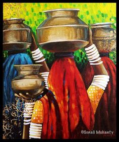 painting of three women carrying pots on their heads