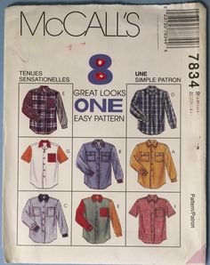 McCall's 7834.  Men's and women's shirt pattern.   Choose size.  See picture 3 for measurements. - Size Large (38,40). Uncut, factory folded. Envelope flap missing. - Size XL (42,44).  Uncut, factory folded.      As described, Oversized shirt with sleeves and contrast variations has extended shoulders and back pleated to yoke forming forward shoulder seams." This is a classic style - for both men and women. Shirt With Sleeves, Shirt Patterns For Women, Folded Envelope, Camp Shirt, Camping Shirt, Shirt Pattern, Simple Patterns, Oversized Shirt, Classic Shirt