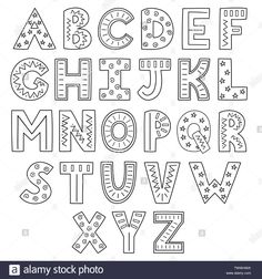 the alphabet is made up of doodles and letters that are outlined in black and white