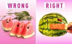 two pictures side by side, one with watermelon and the other with fruit