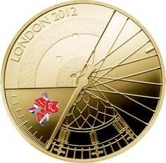 a gold coin with an image of a clock on the front and back side, which reads london 2012