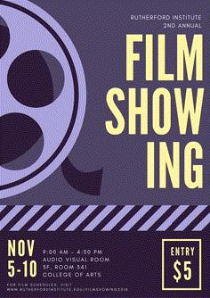 the film show flyer with an image of a movie reel on purple and yellow stripes