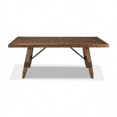 a wooden table with metal legs on a white background