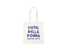 a tote bag with the words hotel bella donna in blue ink on it