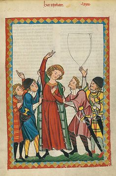 an old book with a drawing of people in medieval clothing and one holding a balloon