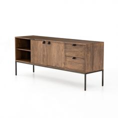 the sideboard is made out of wood and has two open compartments on one side