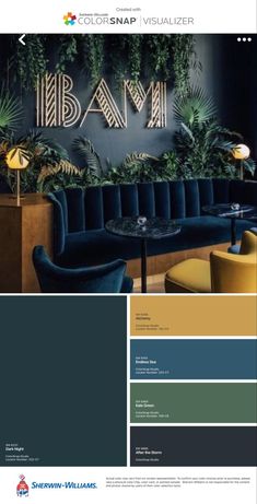 the color scheme for an interior design project, including blue velvet sofas and green plants