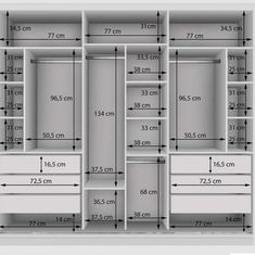 an image of a closet with measurements for the doors and drawers on it's sides