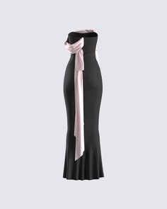 Serving elegance starts with this black draped maxi dress 🖤 Constructed from stretch crepe fabric and complete with a cascading drape, mermaid silhouette, rosette trim, and gripper tape along the top edge for an elevated and exquisite look ✨ Elegant Ruched Maxi Dress With Mermaid Hem, Elegant Black Mermaid Dress With Ruffles, Elegant Black Maxi Dress With Mermaid Hem, Elegant Black Mermaid Hem Maxi Dress, Luxury Black Dress, Models Dresses, Maxi Dress Outfits, Rosette Trim, Pretty Black Dresses