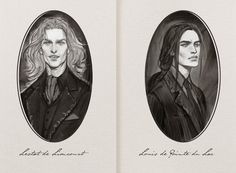 two portraits of the same person in black and white, one with long hair is facing each other