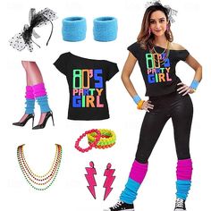 a woman is dressed up as a 80s party girl