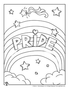 a coloring page with the word pride in front of a rainbow, stars and clouds