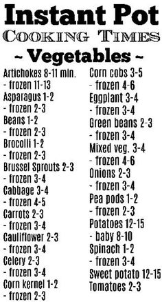 the instructions for how to make instant pot cooking times printables are shown in black and white