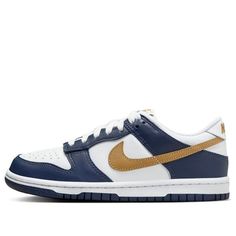 (GS) Nike Dunk Low 'Midnight Navy Wheat' FB9109-111 Navy Dunks, Nike Shoes Dunks, Brown Dunks, Shoes Dunks, Nike Dunks Low, Navy Blue And Brown, Dunks Low, Gold Sneakers, Swag Shoes