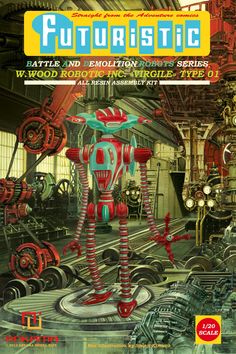 the cover of futuristic magazine with an image of a robot standing in front of machinery