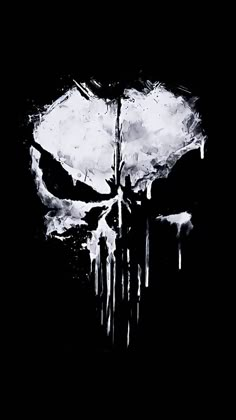 a black and white image of a skull with dripping paint on it's face