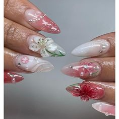 Lily Nail Art, Lilly Nails, Anniversary Nails, French Tip Gel Nails, Lily Nails, Acrylic Nail Designs Coffin, Nail Jewels, Mermaid Nails