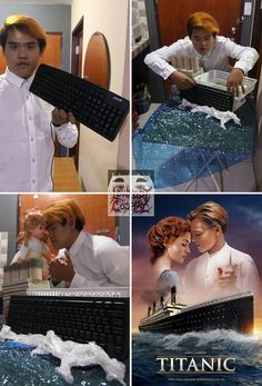 a collage of photos with two people and a computer keyboard