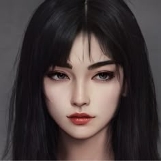 an animation image of a woman with long black hair and brown eyes looking at the camera