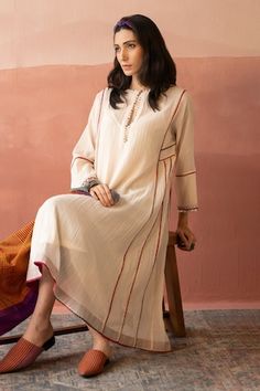 Bone white kurta with piping and hand-done beaded detailing. Comes with a slip. - Aza Fashions Kurta Women, Simple Kurta, Stylish Kurtis Design, Kurta For Women, Simple Kurta Designs, Designer Kurti Patterns, Latest Dress Design, Simple Kurti Designs, Kurta Neck Design