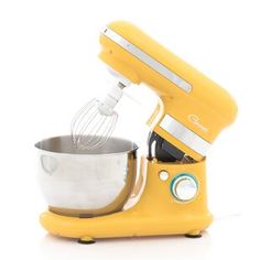 a yellow stand mixer with a metal bowl