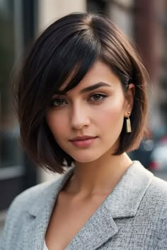 50 Most Delightful Bob Hairstyles Trending in 2024 Angled Short Bob, Chin Length Hair Asian, Sophisticated Bob Hairstyles, Chin Length Brunette Bob With Highlights, Triangle Bob Haircut, Short Hair Elegant, Bob Hairstyles Fine Hair, Chin Length Bobs, Classic Bob With Bangs