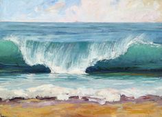 an oil painting of a wave crashing on the beach