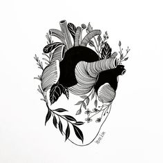 a black and white drawing of an animal surrounded by leaves