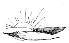 a black and white drawing of a bird on top of a plate with the sun in the background